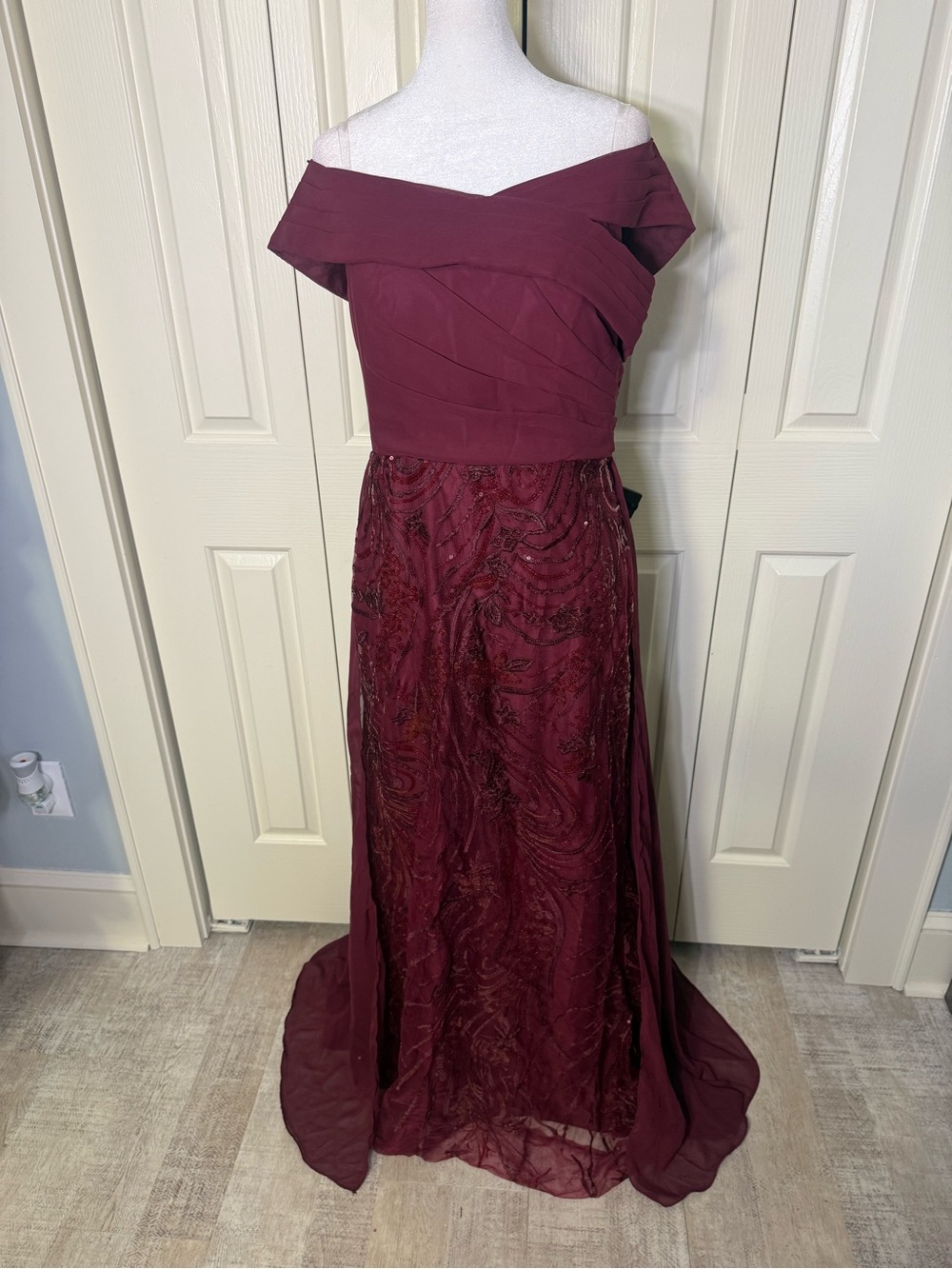 Off-the-Shoulder Burgundy Evening Gown - Picture 2 of 3